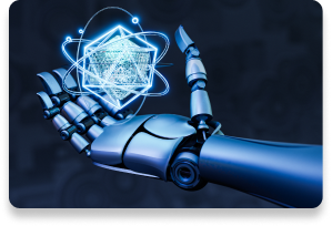 Robotic hand holding a glowing abstract data structure