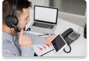 Man with headset assisting with tablet, customer support