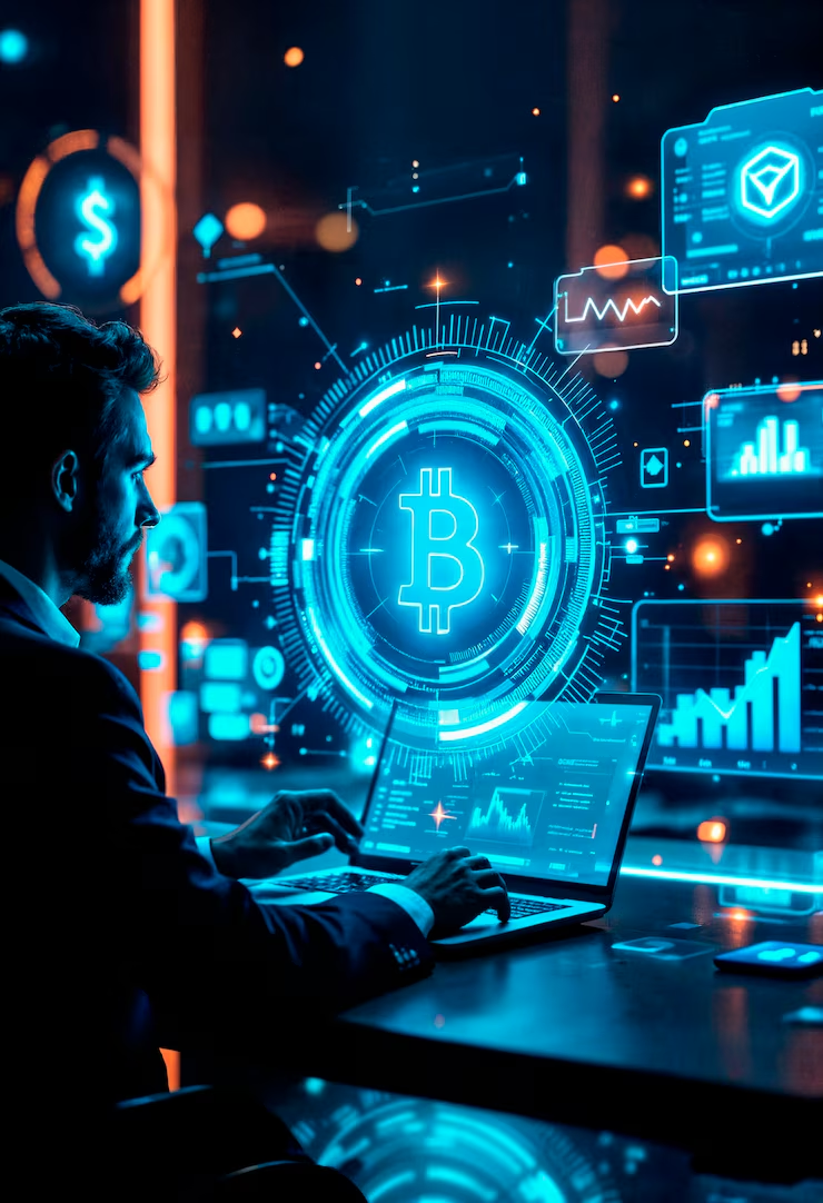 Businessman on a laptop with holographic Bitcoin and cryptocurrency charts, indicating digital currency trading or blockchain.