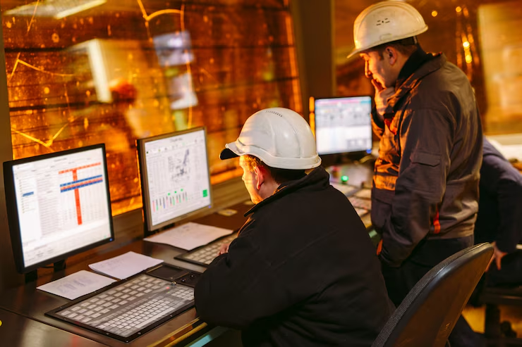 Two engineers in hard hats observing monitors in a control room, likely for industrial operations.