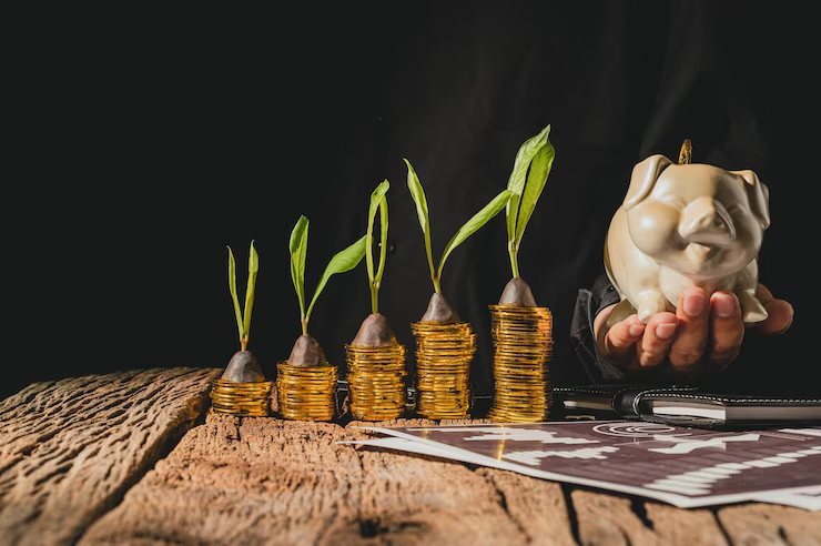 Growing plants on stacks of gold coins next to a piggy bank, symbolizing financial growth and savings.