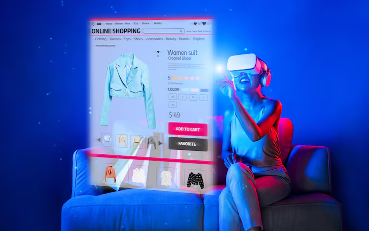 Woman wearing VR headset shopping online for clothes in a futuristic holographic interface.