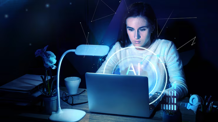 Young woman working on a laptop with a glowing AI icon overlay, representing artificial intelligence and technology.