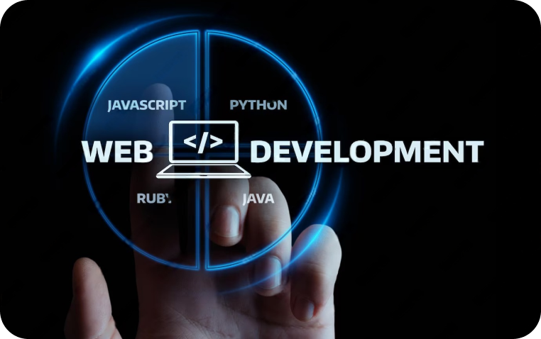 A hand interacting at a circular holographic display showing “Web Development” and programming languages like Javascript, Python, Ruby, and Java.