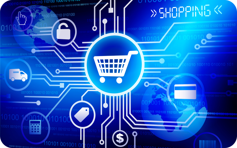 Digital illustration of an e-commerce platform with a shopping cart icon at the center, surrounded by delivery, security, payment, and pricing icons on a circuit board background.
