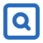 Blue magnifying glass icon in a square frame, representing search or discovery.