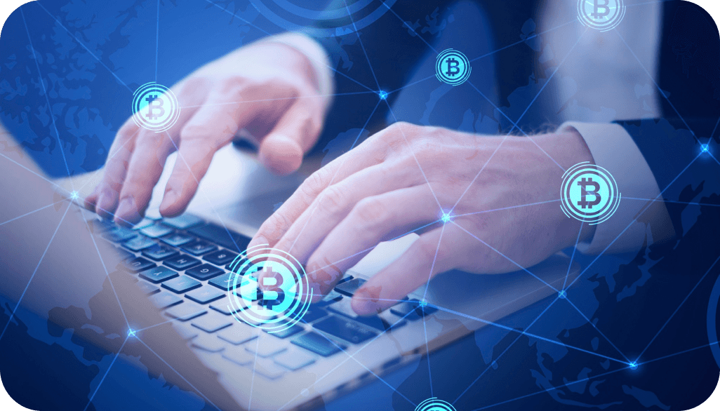 Hands typing on a laptop with overlayed Bitcoin symbols and network lines, signifying cryptocurrency services.
