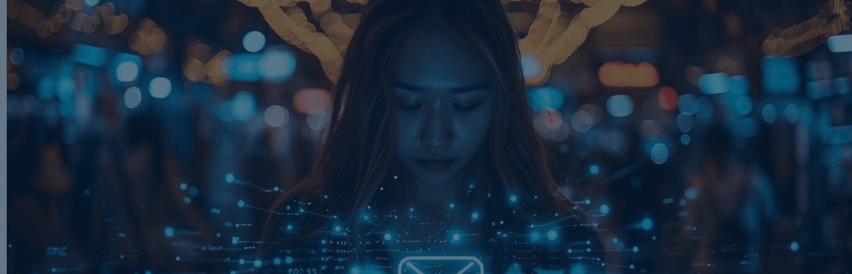 Woman looking at phone with digital overlay, newsletter background