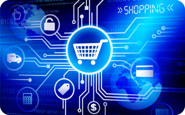 Digital illustration of an e-commerce platform with a shopping cart icon at the center, surrounded by delivery, security, payment, and pricing icons on a circuit board background.
