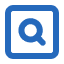 Blue magnifying glass icon in a square frame, representing search or discovery.